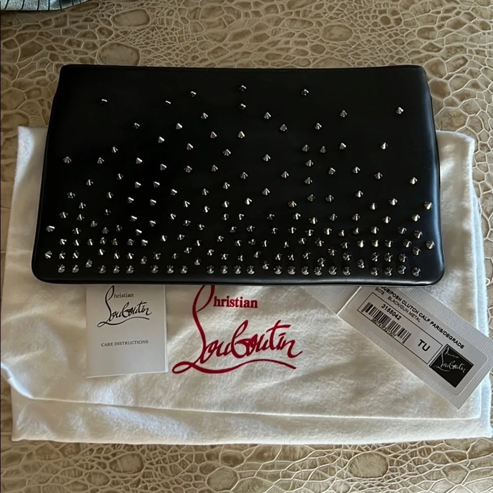Christian Louboutin Black Leather Loubiposh Degrade spiked clutch